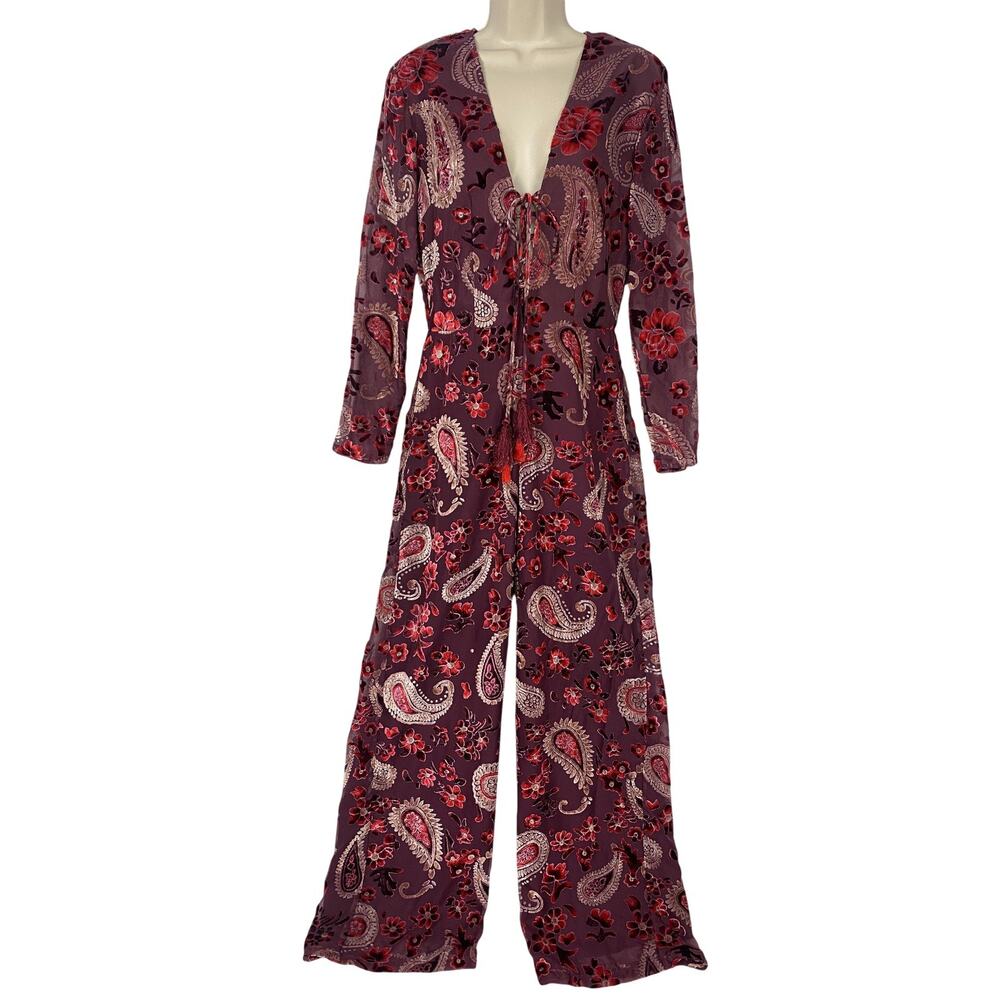 Chelsea‎ & Violet Jumpsuit Medium Red Burnout Velvet Paisley Retro Boho Wide Leg